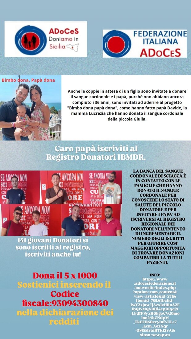 Locandina del progetto Bimbo dona, Papà dona con i giovani donatori iscritti al registro